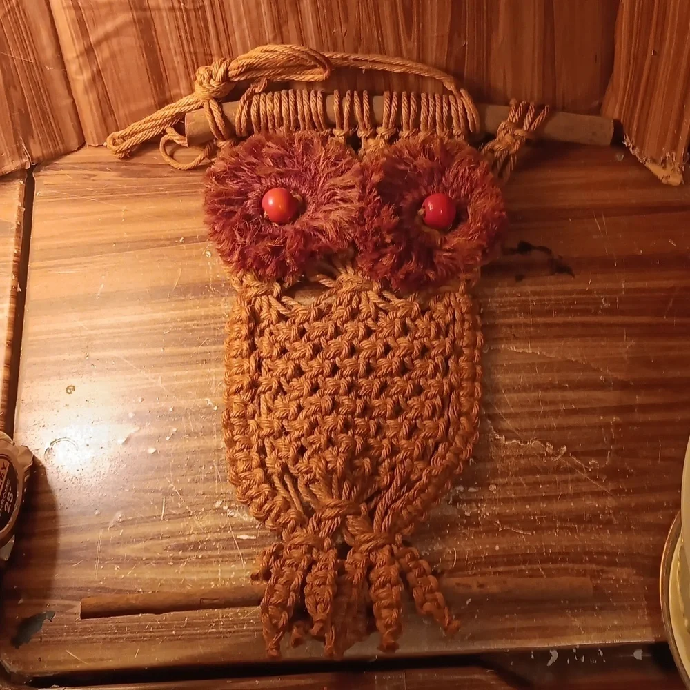 Vintage 1970s macrame brown owl 🦉 wall deco art